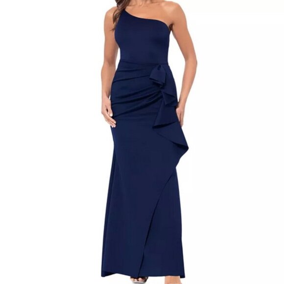 Xscape Midnight Blue Xscape One-Shoulder Scuba Ruffle Gown - Picture 1 of 4
